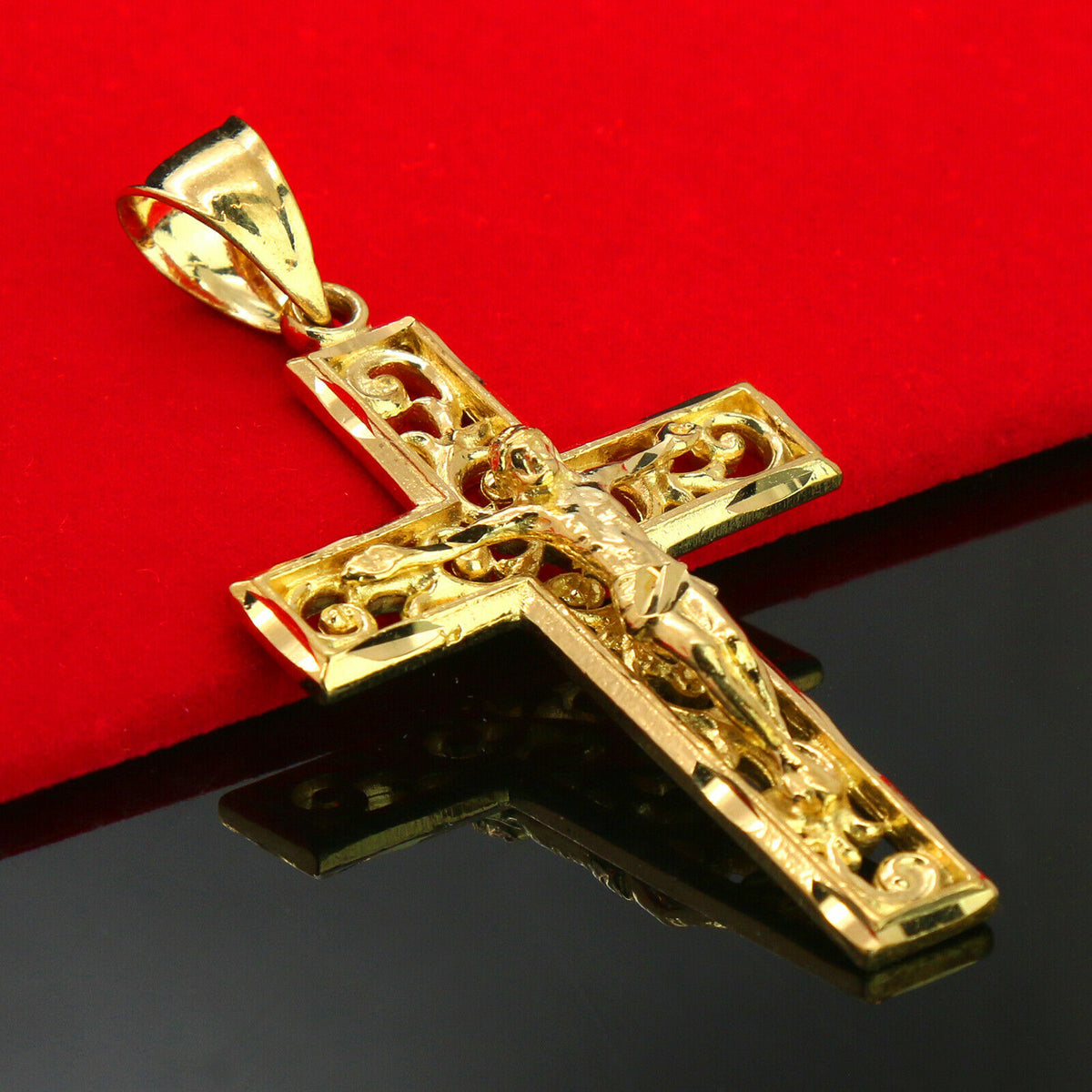 Hollow Cross Jesus Pendant Gold 24" Figaro Chain Necklace