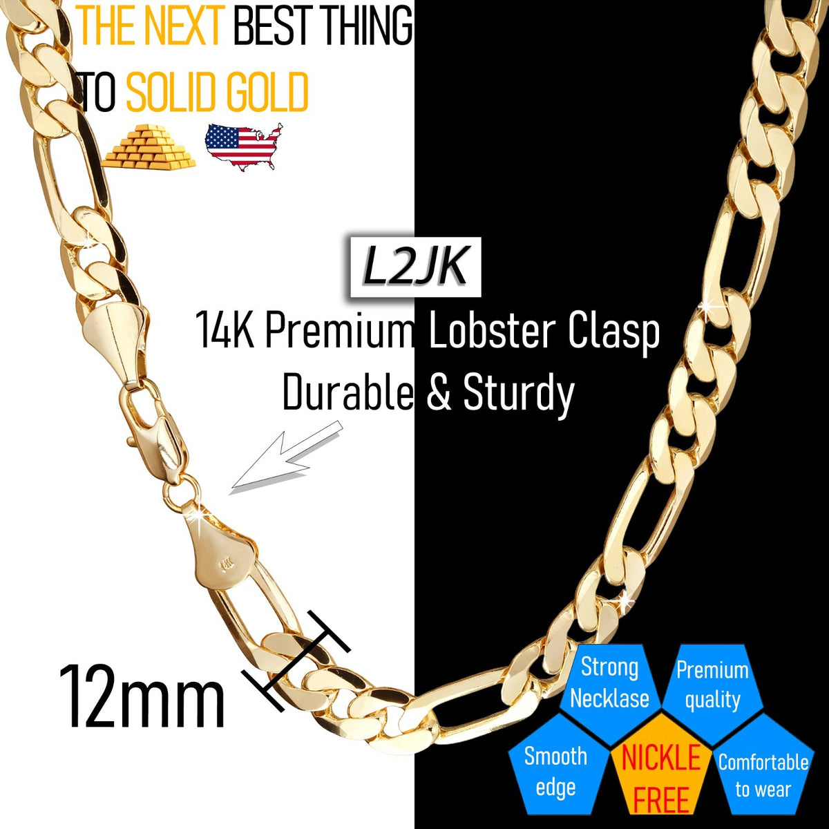 Italy Figaro Chain Link 14k Gold 12mm 24" for Men & Women