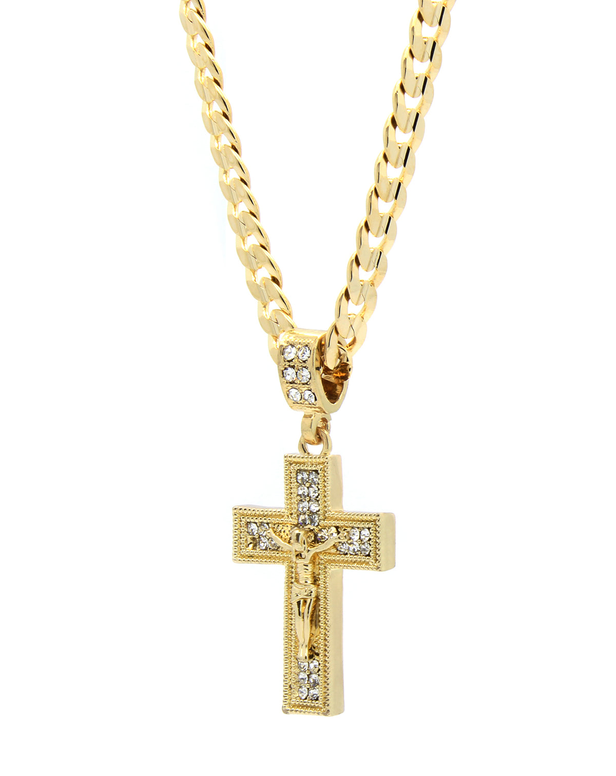 Men's 14k Gold Jesus Plain Cross Pendant CZ 24" Cuban Chain