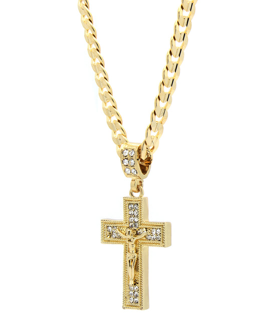 Men's 14k Gold Jesus Plain Cross Pendant CZ 24" Cuban Chain