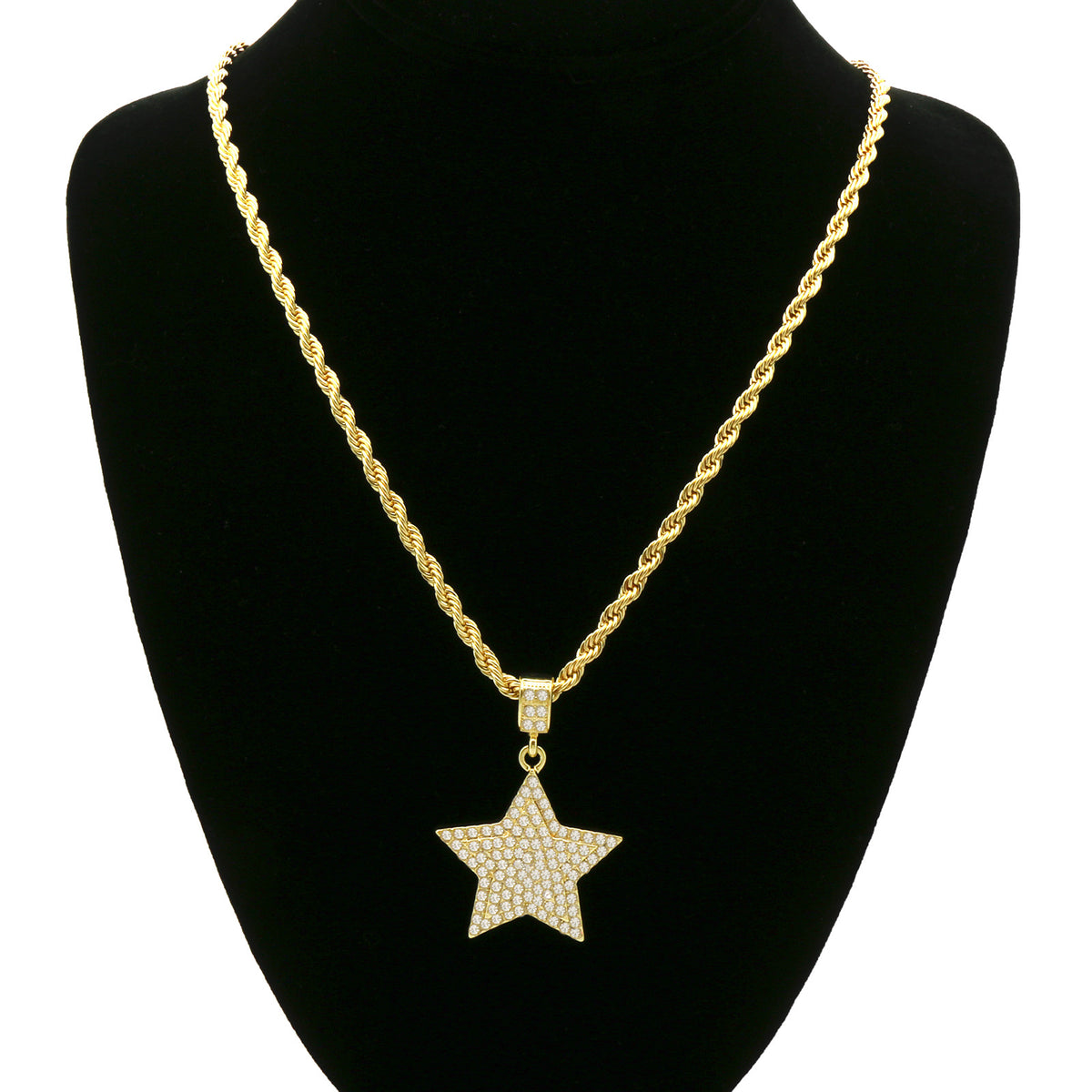 14k Gold Star Pendant Iced CZ Pendant 24" Rope Chain