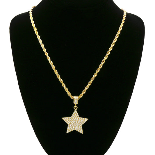 14k Gold Star Pendant Iced CZ Pendant 24" Rope Chain