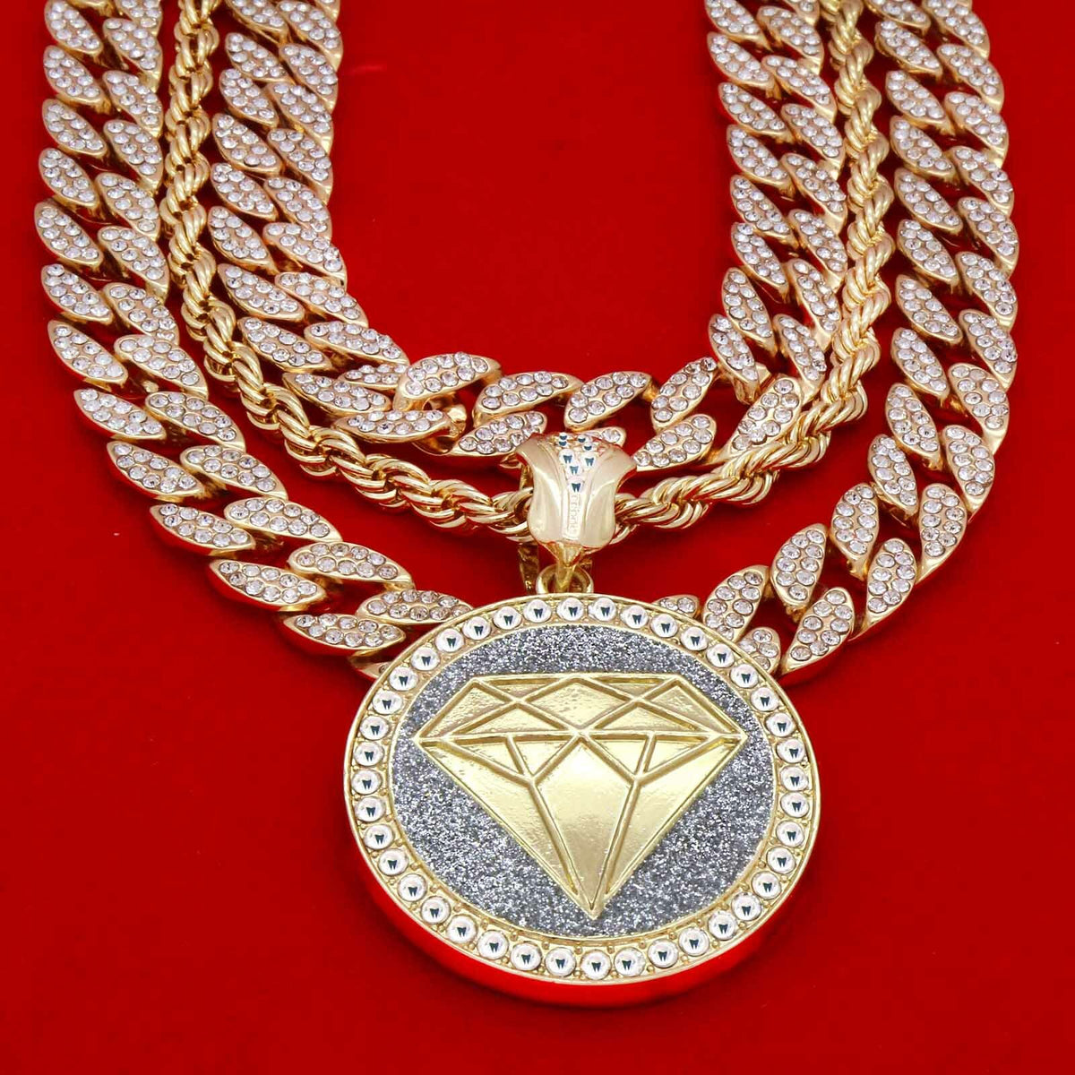 Gold Xl D Shape Pendant CZ 20", 24" Cuban 20 Rope Chain