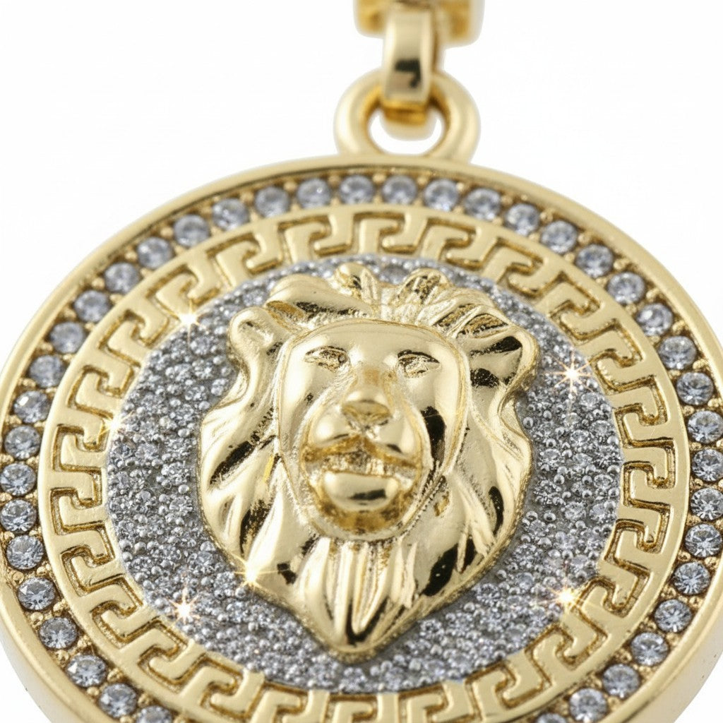L2jk Men’s Gold Tone CZ Lion Face Pendant Necklace, 5mm 24” Figaro Chain