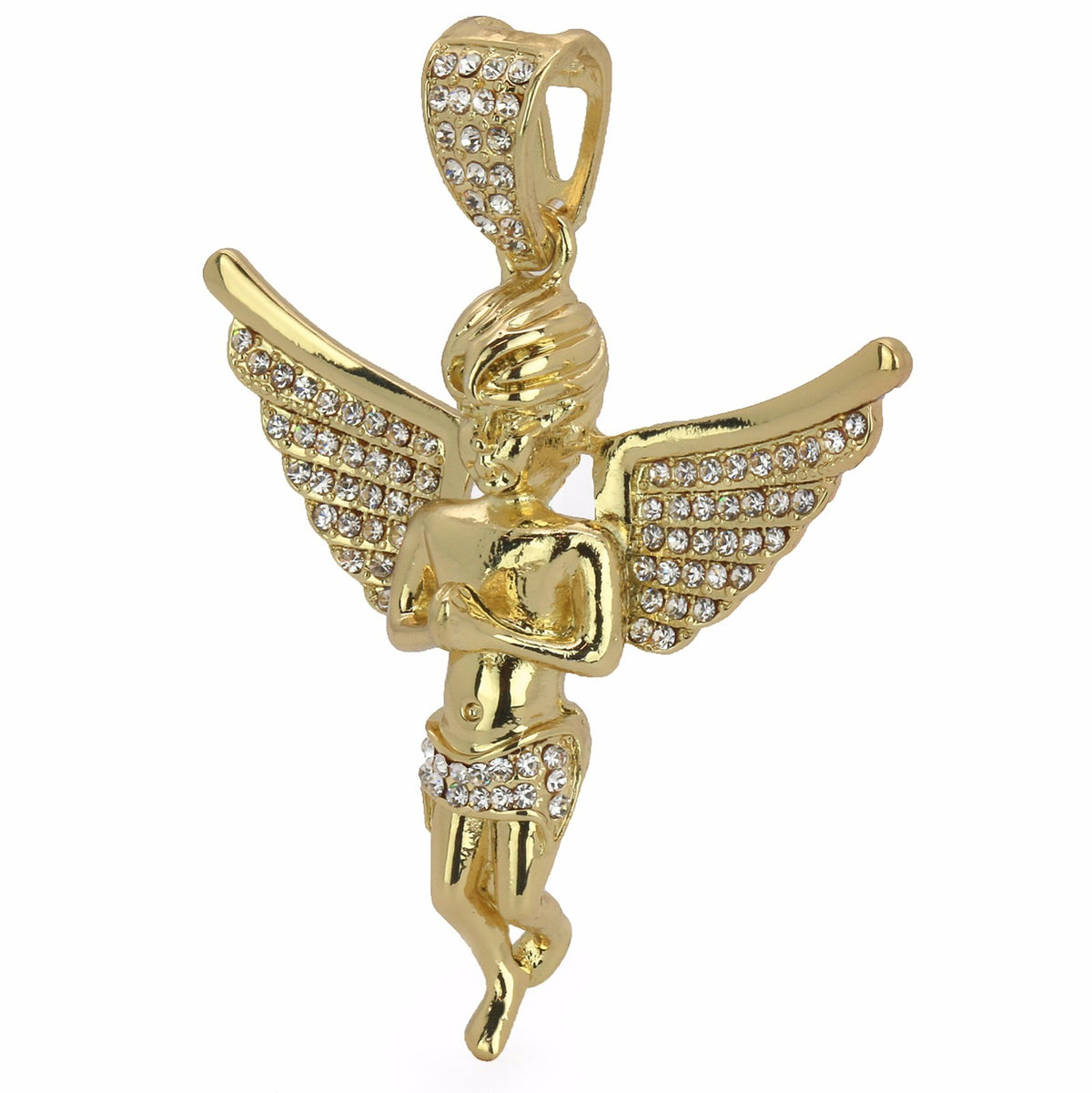 14k Gold Big Angel Pendant CZ 30" Cuban Link Chain