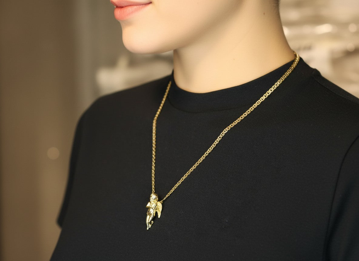 Gold Tone CZ Prayer Angel Pendant Necklace – 14k Gold Mariner Chain