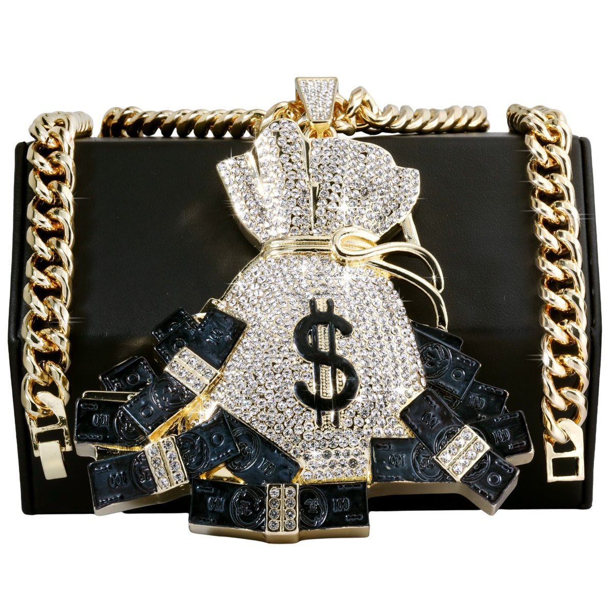 Miami Cuban Curb Chain Necklace 10mm 30" in & Xl Cash Money Sign Bag Gold