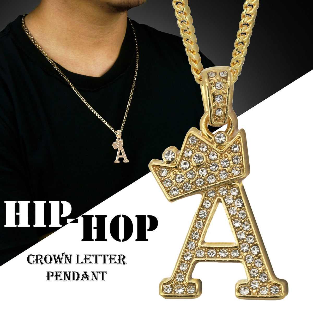 Gold Crown Alphabet Initial Letter Pendant CZ 24" Cuban Chain
