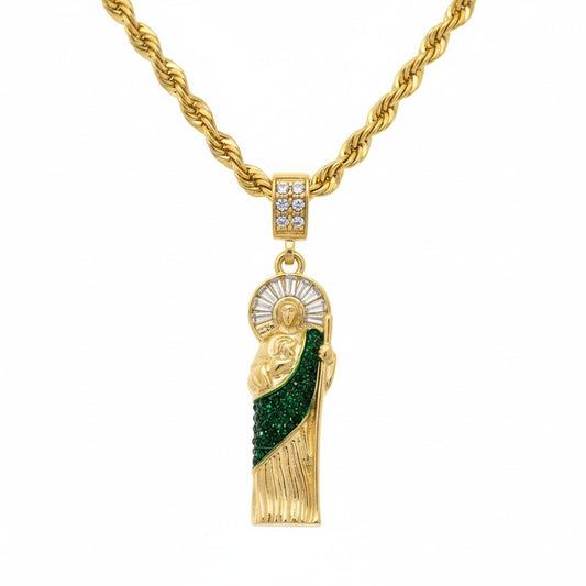 14k Gold San Judas Pendant Necklace with Iced Out Cz,20" Rope Chain Green