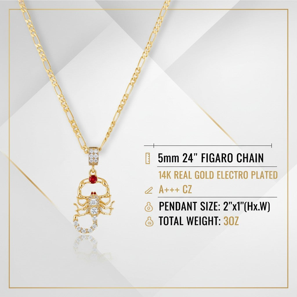 Men’s Gold Tone CZ Scorpion Pendant Necklace – 14k Gold Electroplated