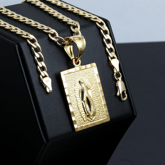 Virgin Mary Block 14k Gold 5mm 20" Cuban Link Necklace Choker Chain