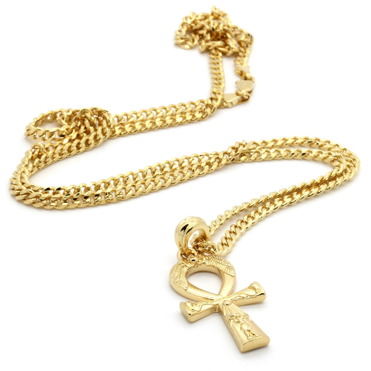 Men's 14k Gold All Gold Engrave Ankh Pendant 30" Cuban Chain