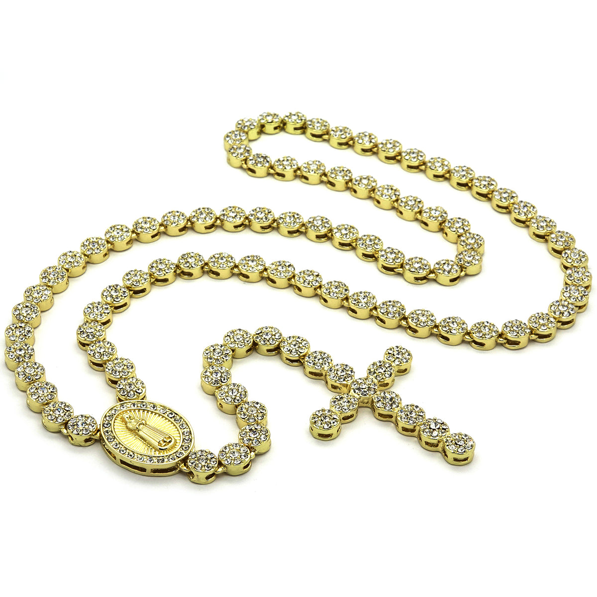14k Gold Rosary Flower Pendant CZ Cross Guadalupe Chain