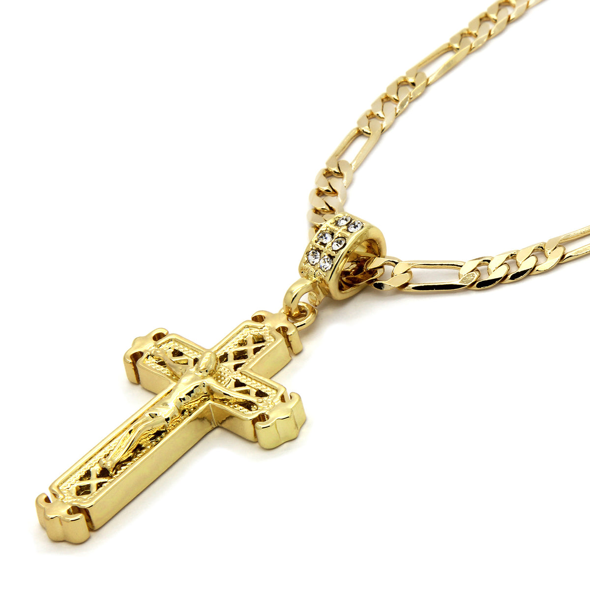 14k Gold Jesus Sharp Cross Pendant 24" Figaro Chain Iced