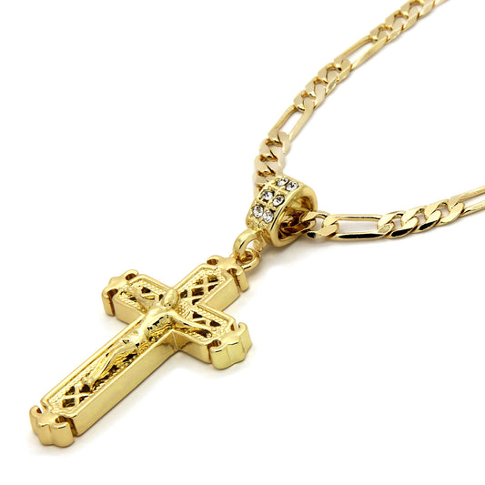 14k Gold Jesus Sharp Cross Pendant 24" Figaro Chain Iced