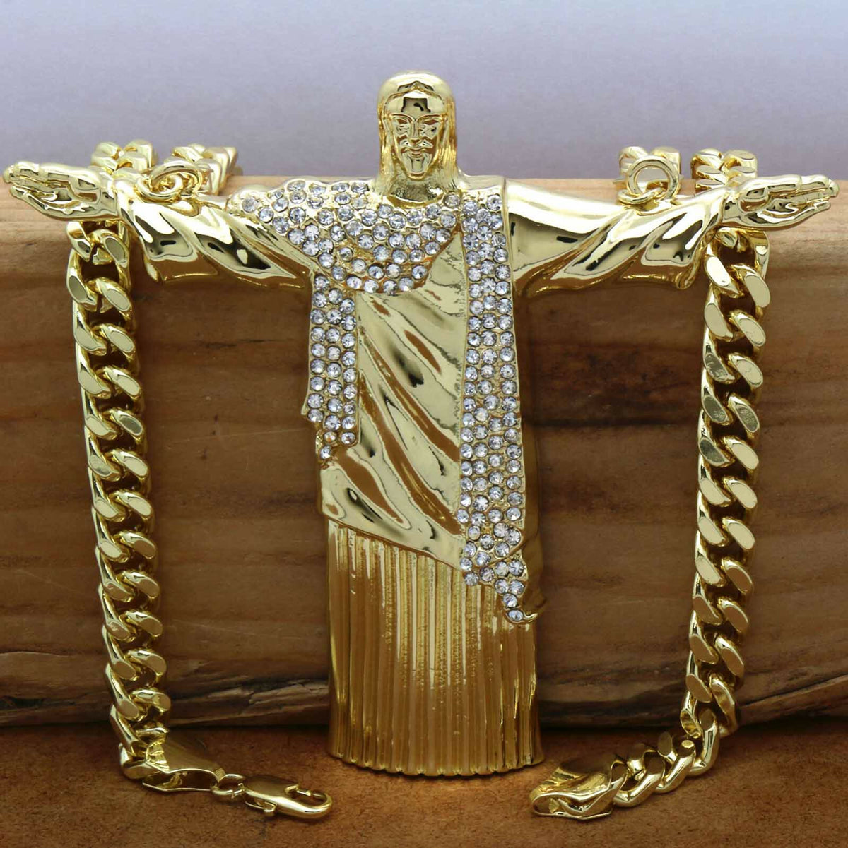14k Gold Huge "jesus" Pendant CZ 30" Cuban Chain (H)