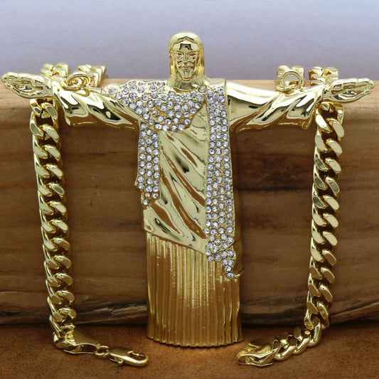 14k Gold Huge "jesus" Pendant CZ 30" Cuban Chain (H)