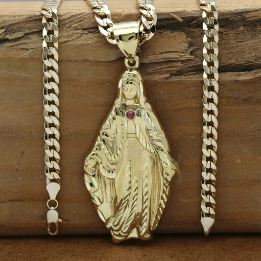 18k Gold Virgin Mary Religious Pendant CZ 24" Cuban Chain