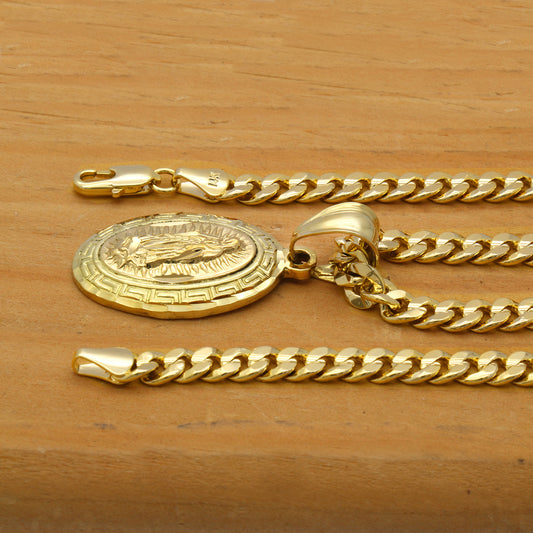 Men's 18k Gold Mini Oval Guadalupe Pendant 5mm 24" Cuban Necklace Chain
