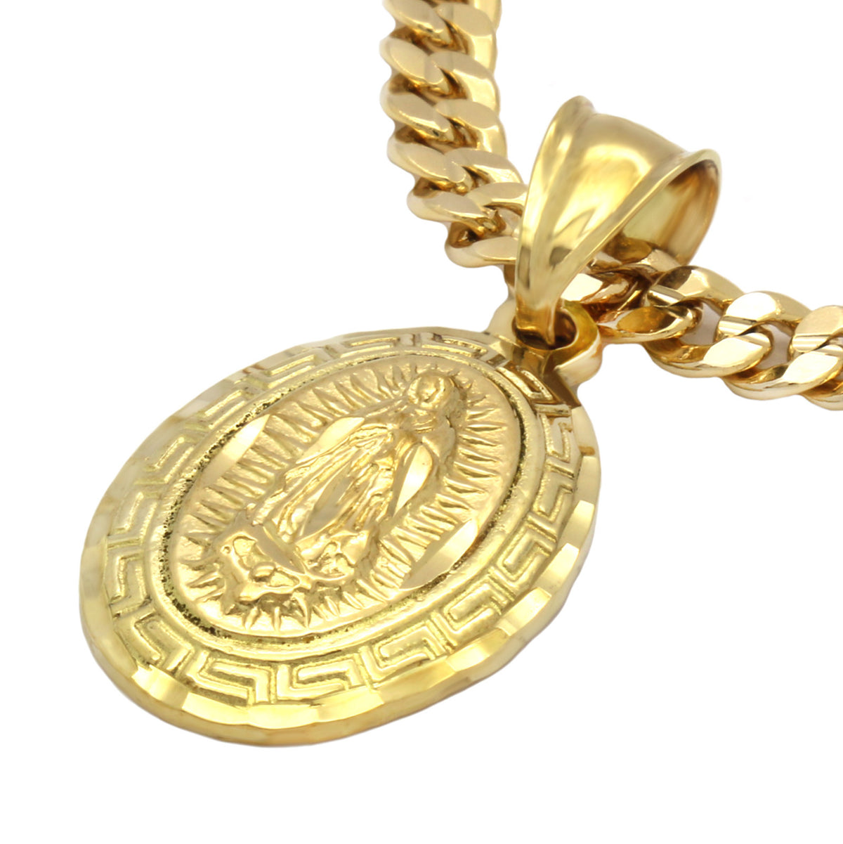 Men's 18k Gold Mini Oval Guadalupe Pendant 5mm 24" Cuban Necklace Chain
