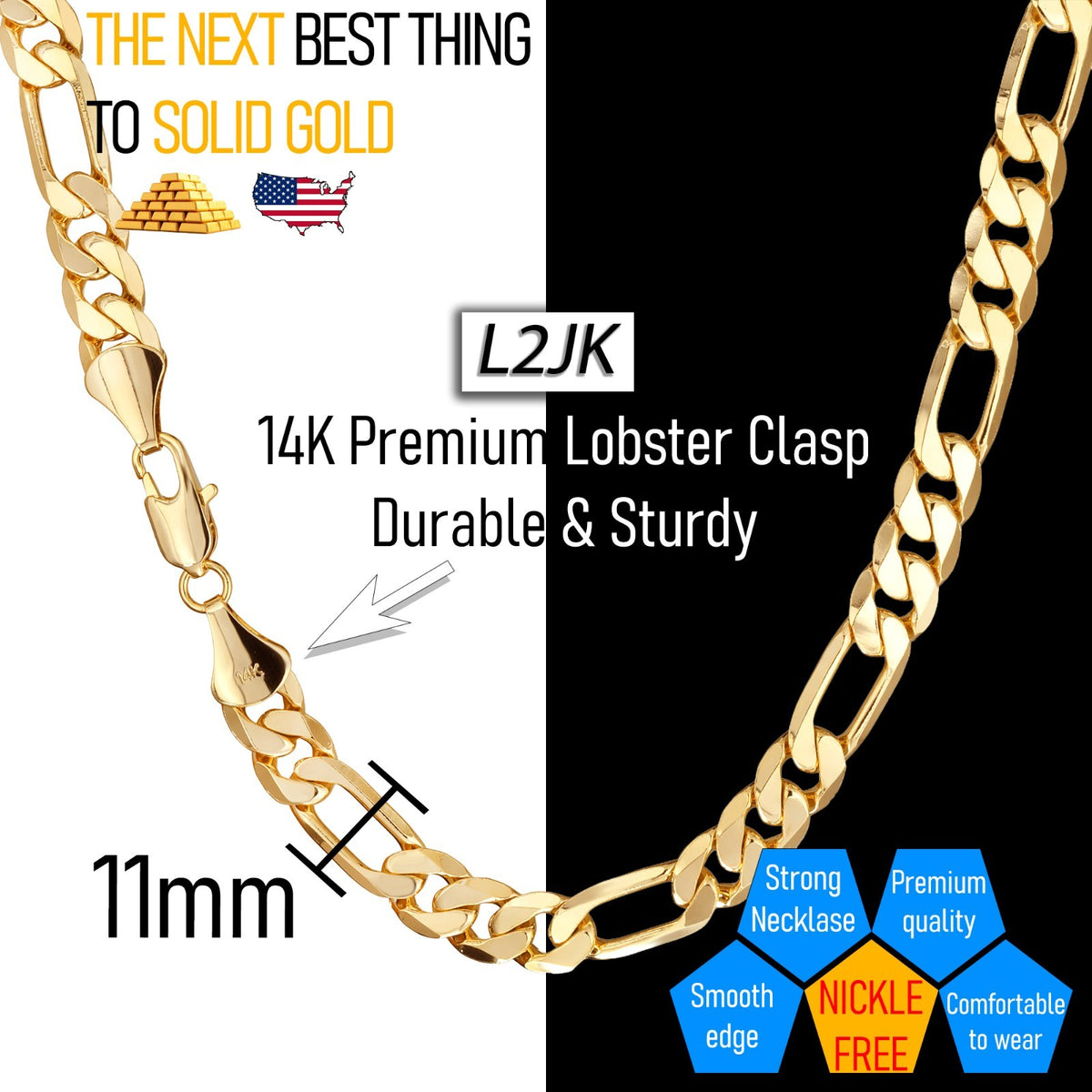Italy Figaro Chain Link 14k Gold 11mm 24" for Men & Women
