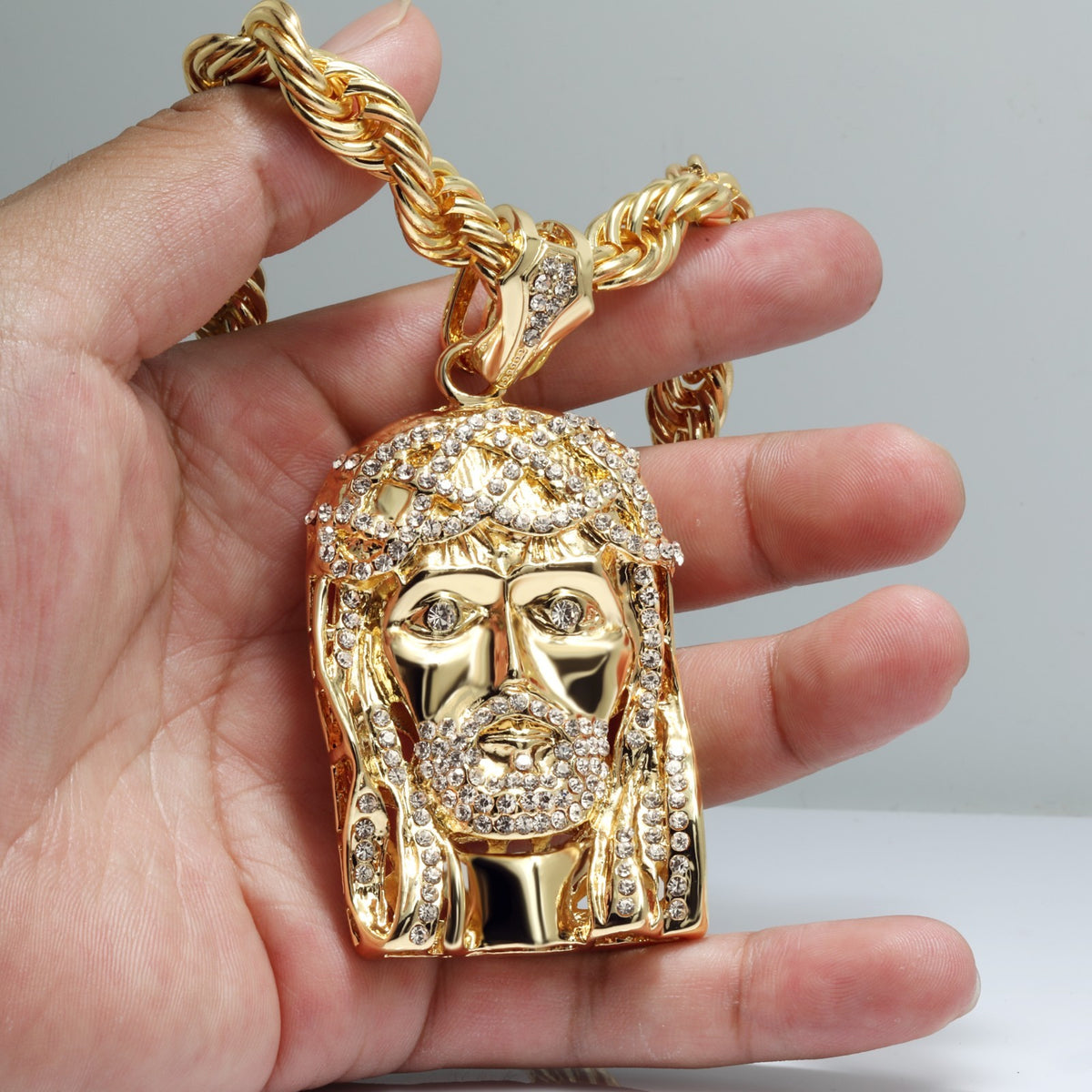 14k Rope Chain 10mm 20" 24" Large Crowned Beard Jesus Piece Gold