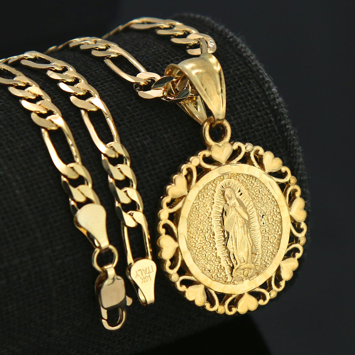 18k Gold Lovely Round Virgin Mary Pendant 5mm 18" Figaro Necklace Chain