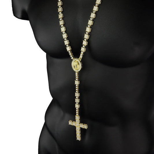 14k Gold CZ Rosary 3D Cube Cluster Guadalupe Necklace Cross