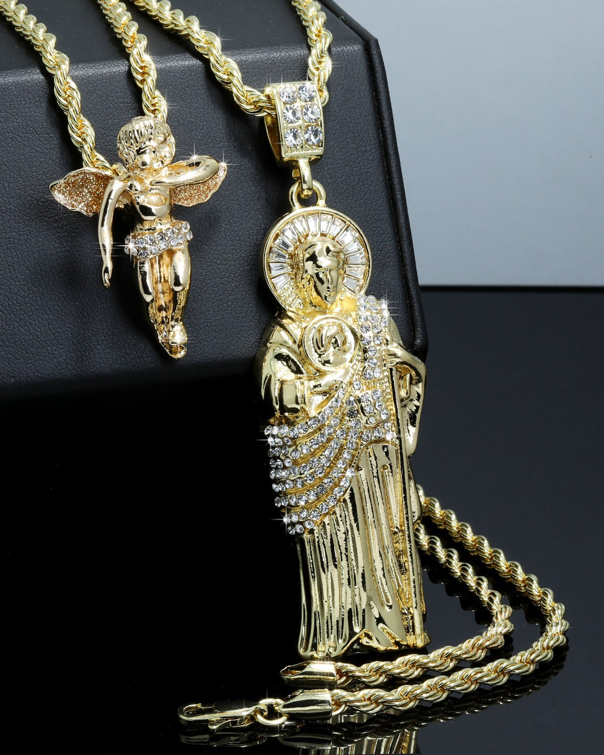 Iced San Judas & Dancing Angel Pendant CZ Gold 4mm Rope Chain