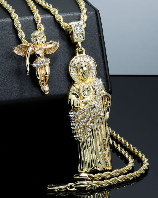 Iced San Judas & Dancing Angel Pendant CZ Gold 4mm Rope Chain