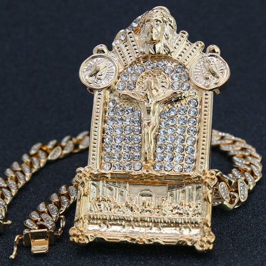 Last Supper Jesus Temple Pendant Gold 20" CZ Cuban Chain