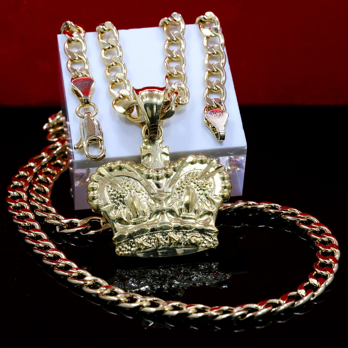 Royal King Crown 14k Gold Charm Pendant 20" Cuban Link Choker Chain 212