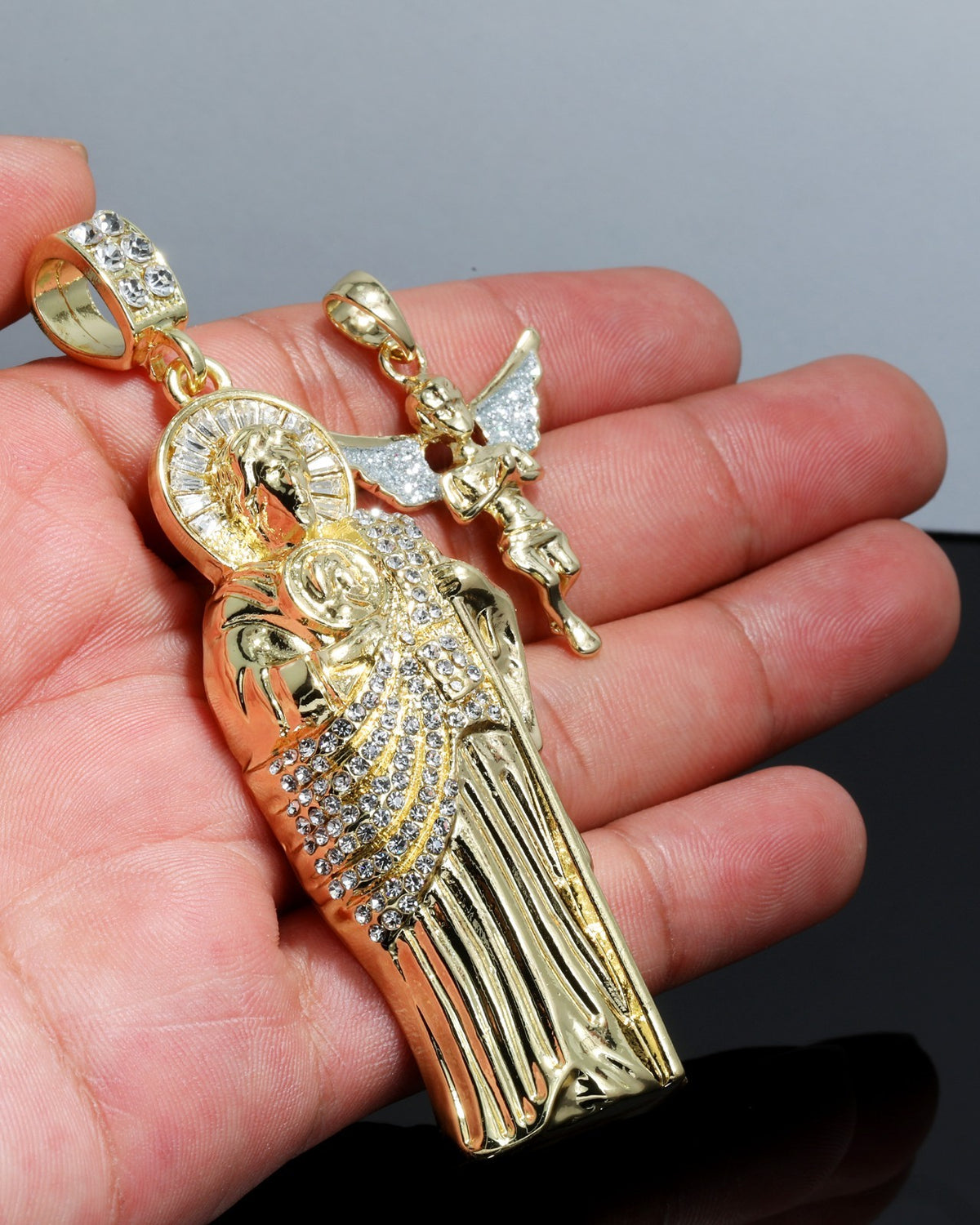 Iced San Judas & Mini Angel Pendant CZ Gold 4mm Rope Chain