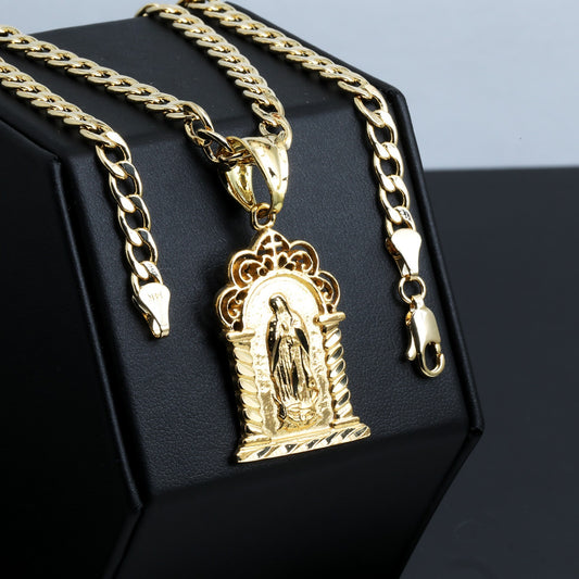 Garden Virgin Mary Charm Pendant 14k Gold 20" Cuban Choker Chain