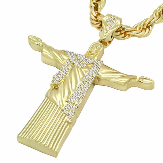Gold Xl Christ the Redeemer Pendant Iced CZ 24 Rope Chain
