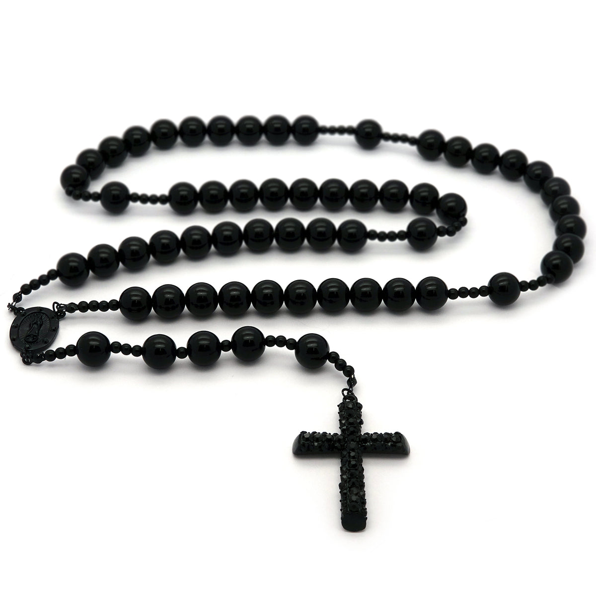 Men's 15mm Black Beads CZ Guadalupe Rosary & Jesus Cross