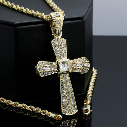 Iced Cross Pendant Big Stone CZ 14k Gold Rope Chain for Men's