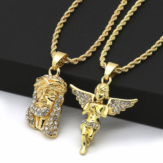 14k Gold High CZ Jesus & Angel 30" & 24" Rope Chain