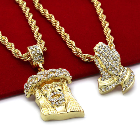 Men's 14k Gold High CZ Jesus Prayer 30 24 Rope Chain