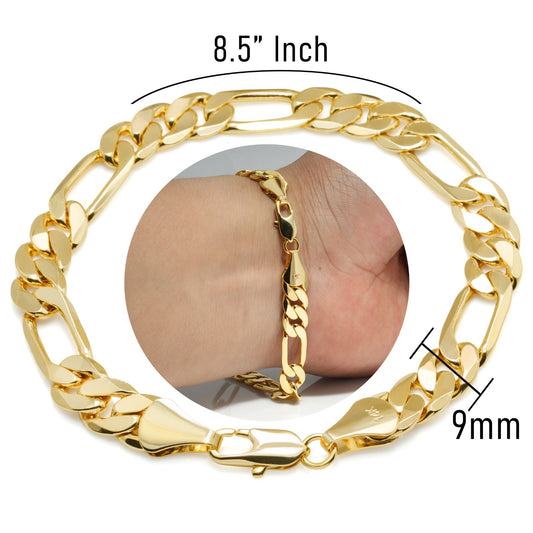 Figaro Chain Bracelet 9mm 8.5" 14k Gold Jewelry Men's