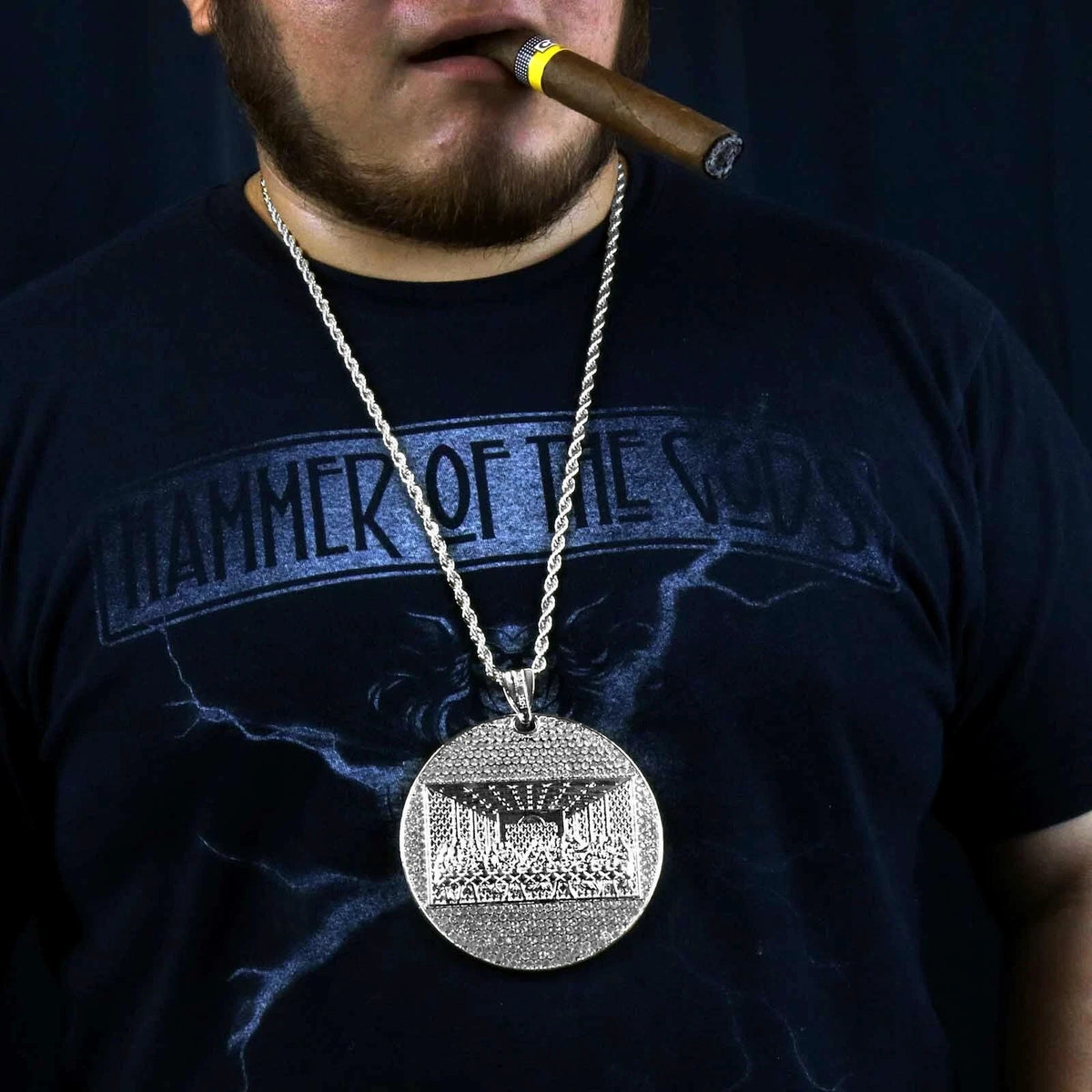 925 Silver " Huge Last Supper" Pendant CZ 30" Rope Chain