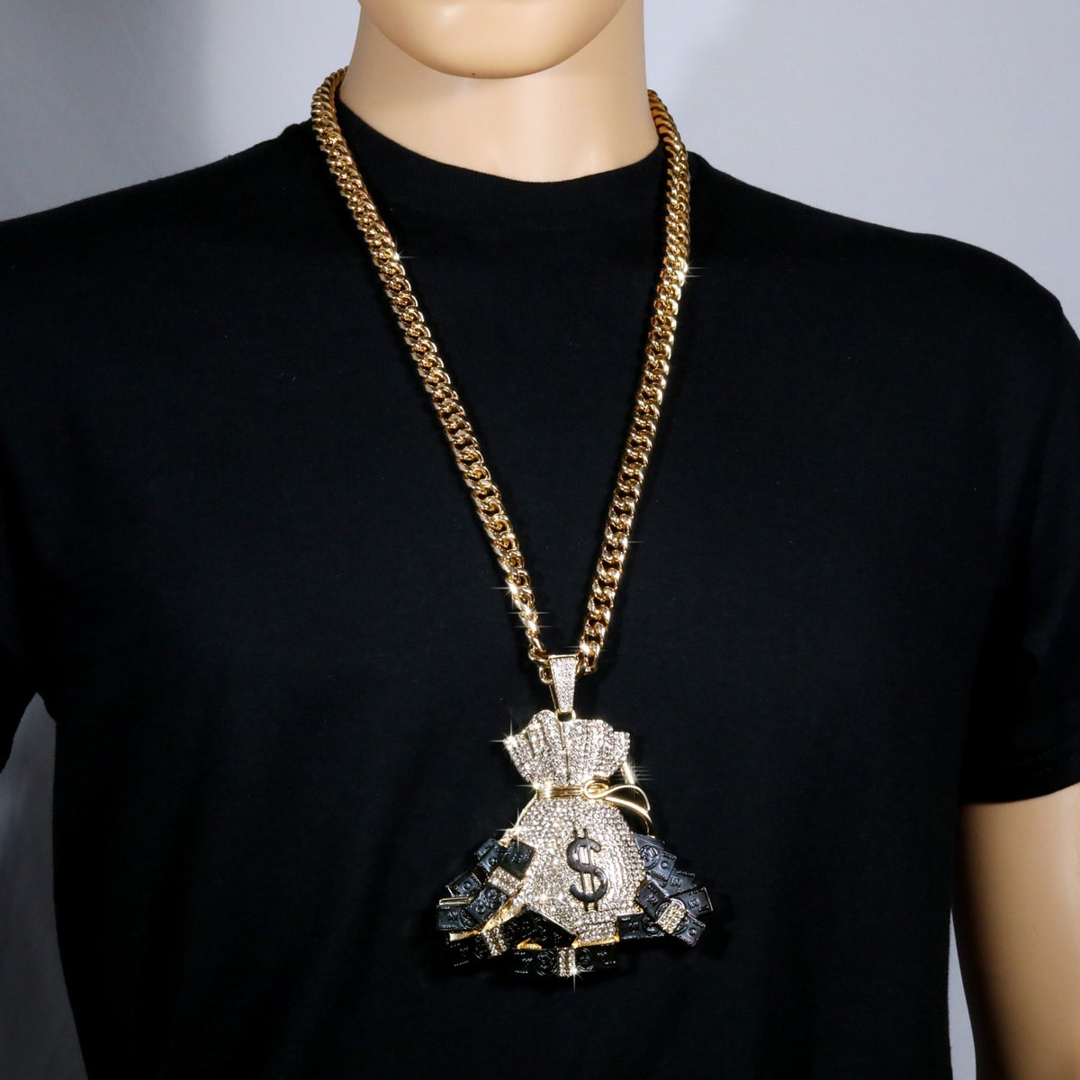 Miami Cuban Curb Chain Necklace 10mm 30" in & Xl Cash Money Sign Bag Gold