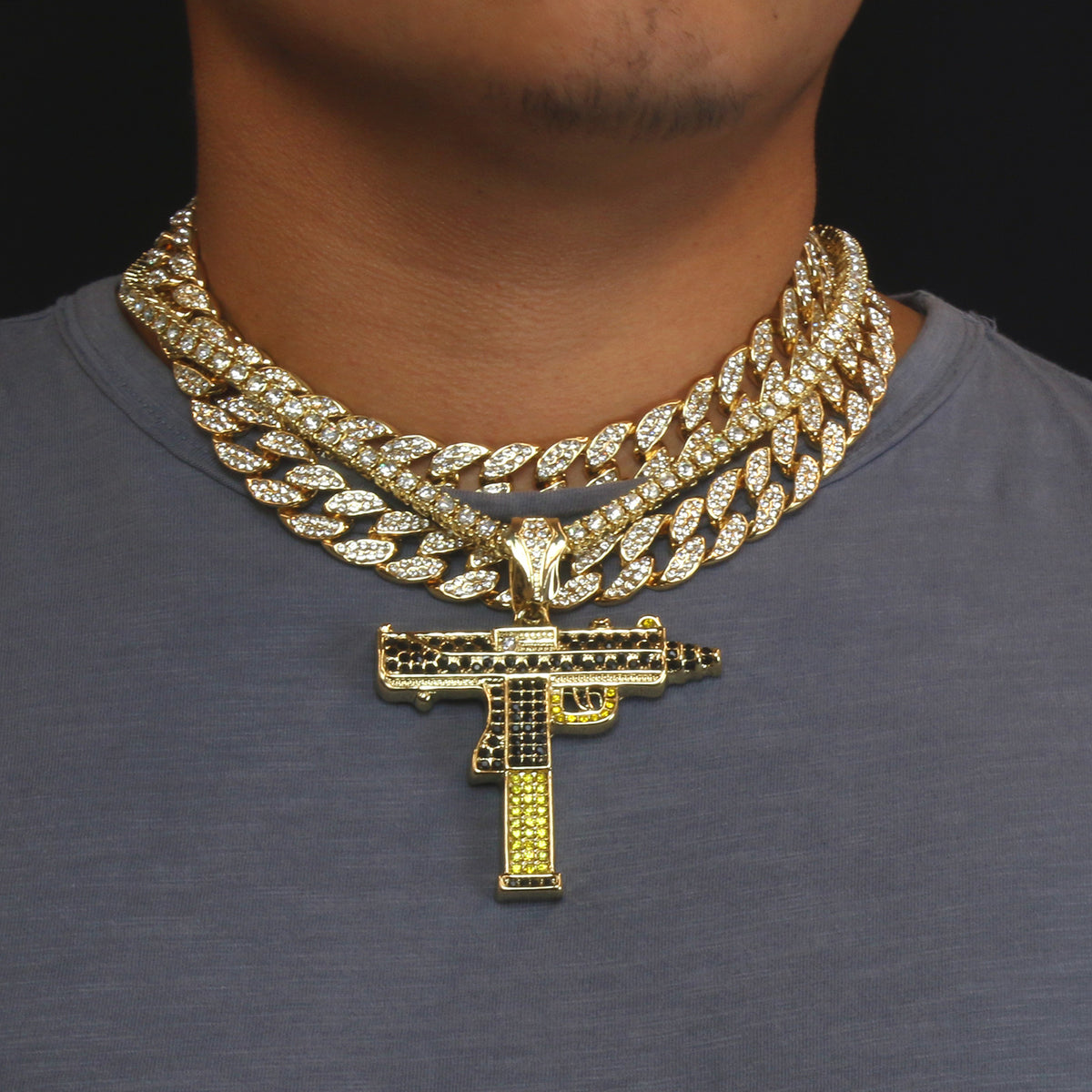 Men's 14k Gold Uzi Gun Pendant CZ 3 Chains Bundle