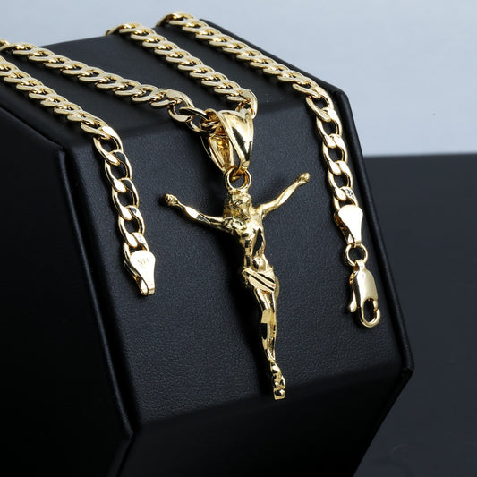 Jesus Crucifix Charm Pendant 14k Gold 5mm 20" Cuban Choker Chain