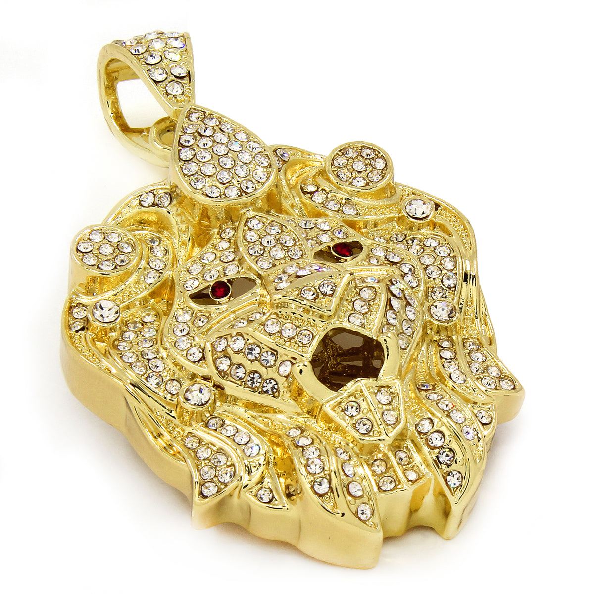 14k Gold Lion Face Pendant CZ 30" Cuban Chain