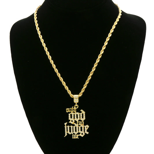 14k Gold Only God Can Judge Me Pendant CZ 24" Rope Chain