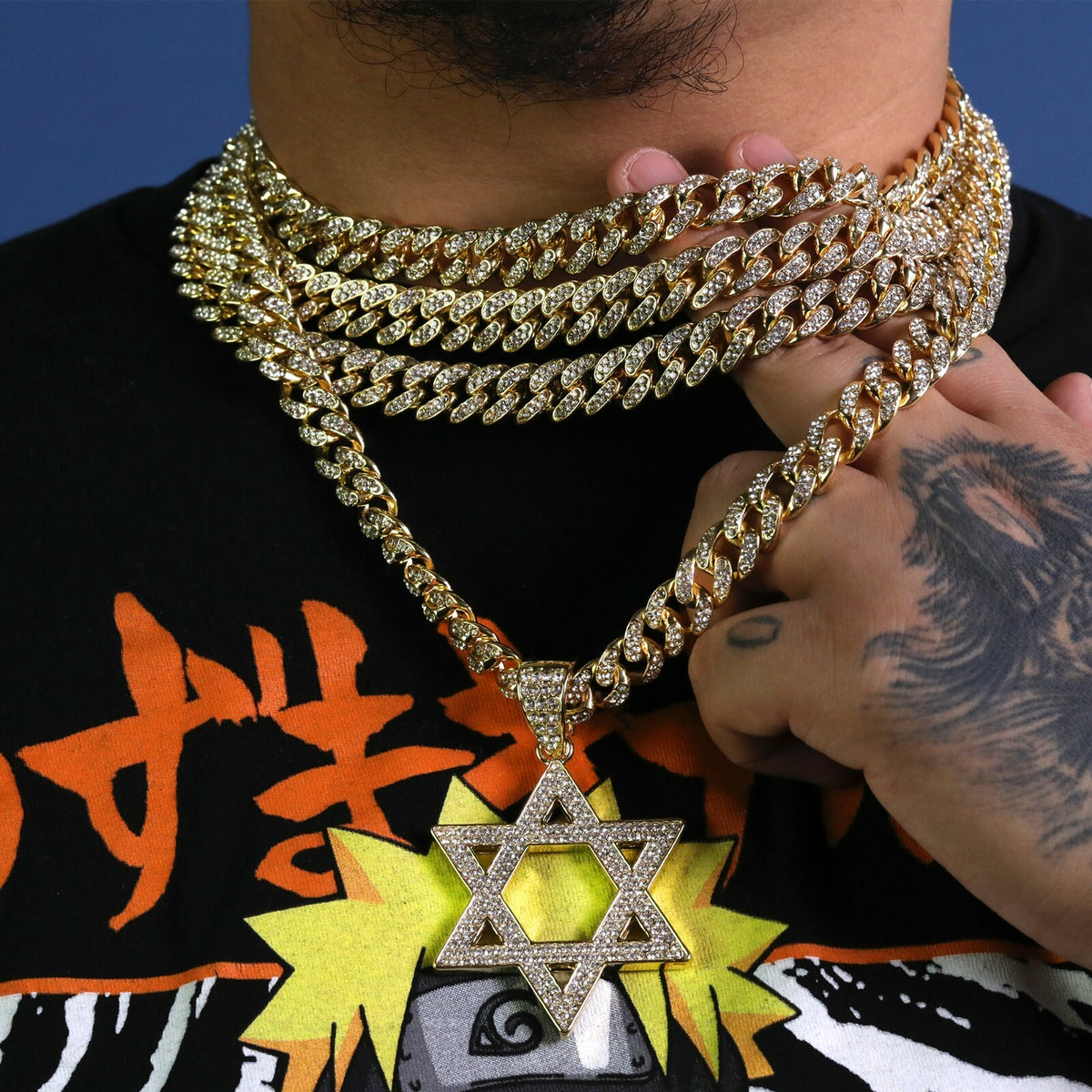 Large Star of David Pendant Cuban CZ Chain 18-24" Gold