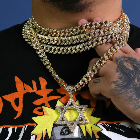 Large Star of David Pendant Cuban CZ Chain 18-24" Gold