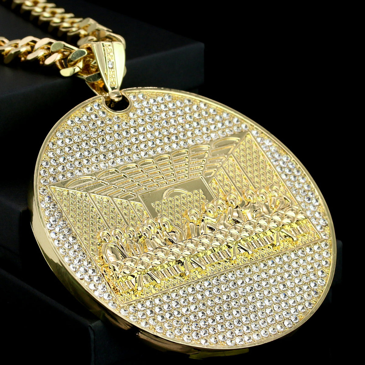 14k Gold Huge Last Supper Pendant CZ 24" Cuban Chain