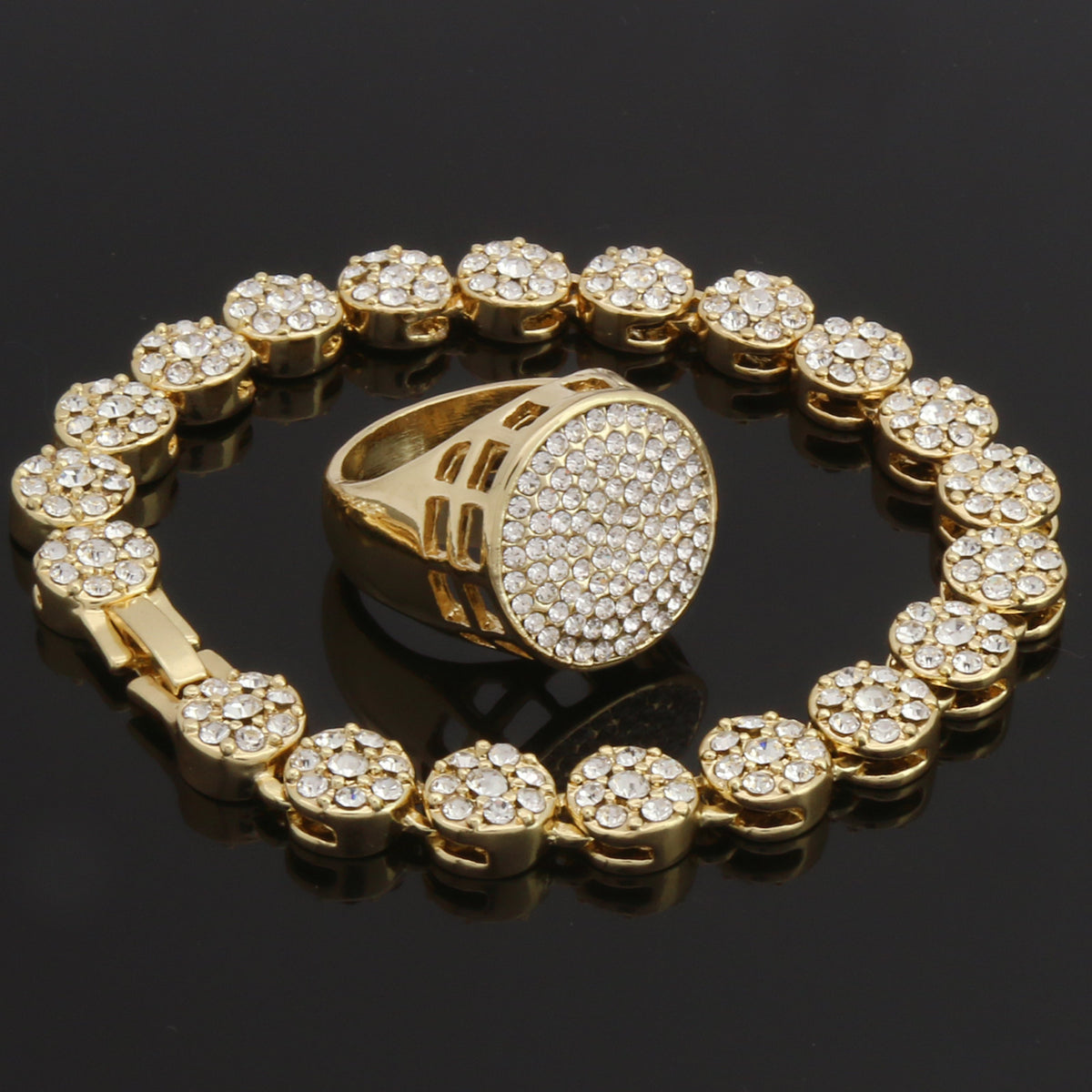 2pc Flower Bracelet Round Ring CZ Set Miami Link 14k Gold